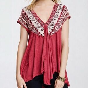 FREE PEOPLE Swing Tunic Top We the Free Red Boho Aztec Print Babydoll Size XS